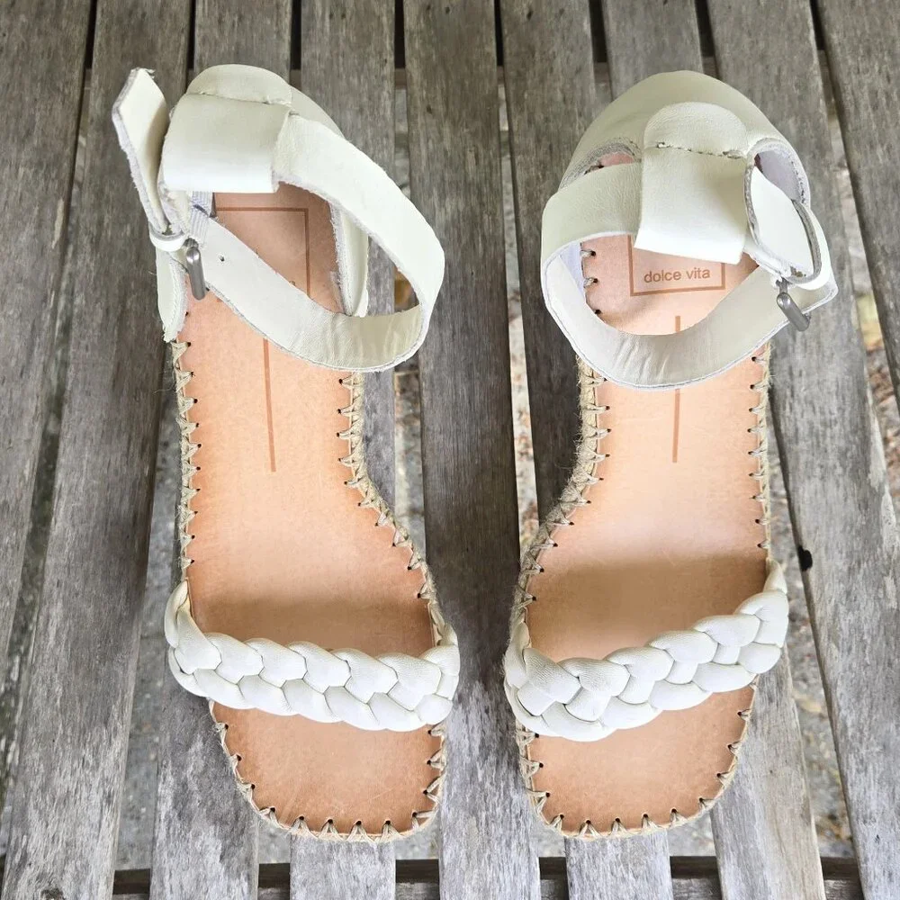 New DOLCE VITA Off White Leather Nilton Wedge Espadrille Sandals Shoes 10 - Picture 3 of 5